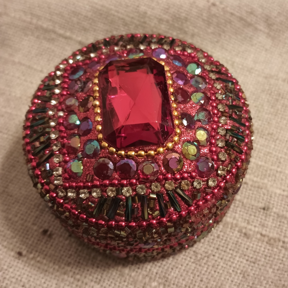 Artisan Ruby Red Stone Multicolor Beaded Trinket Tin